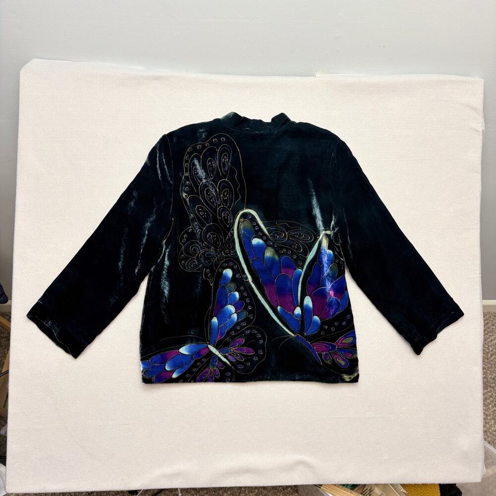 Chicos Green Silk & Velvet Painted Butterfly Kimono Blazer Jacket Size 2 (L/12) - Picture 8 of 12